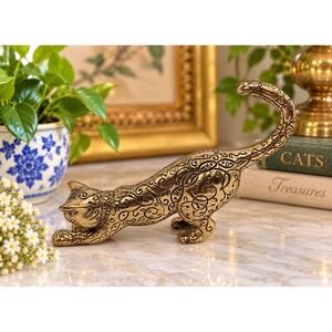 Vintage 1986 Franklin Mint Brass Cat Figurine Chinoiserie Hollywood Regency Deco